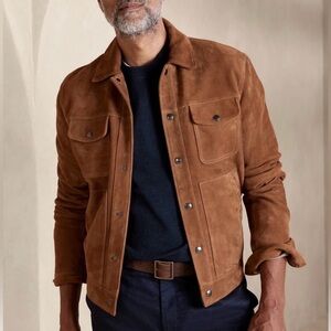 Men's custom made brown leather trucker jacket. Medium. NWOT